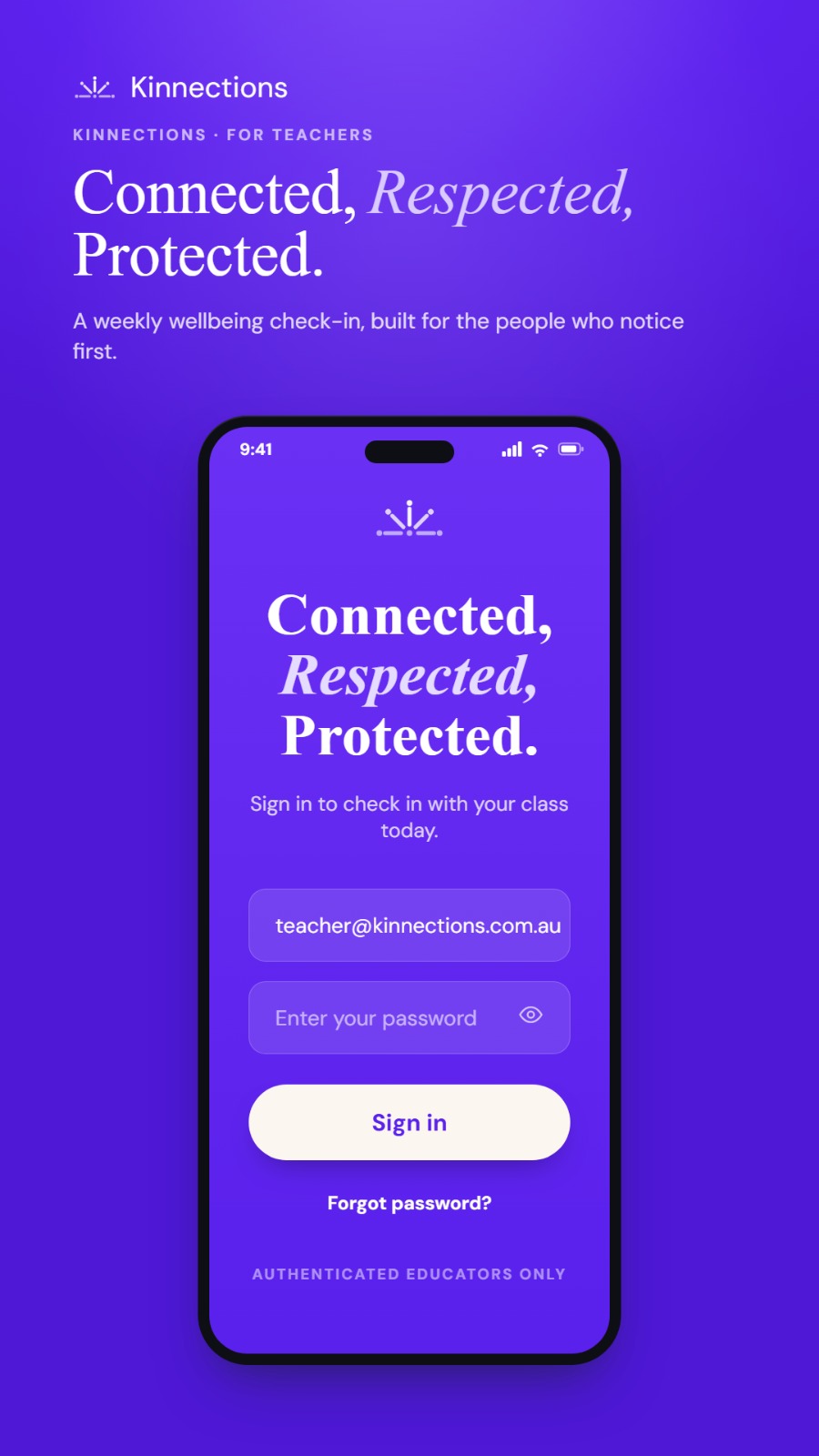 Kinnections teacher sign-in app screen